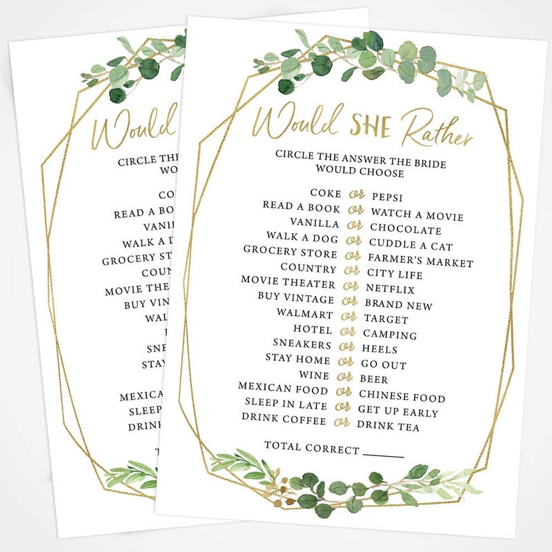 Printed Party Bridal Shower Games â€“ Would She Rather Game with Fun Bride-to-Be Trivia, Wedding Shower Activity, Botanical Greenery Theme, 50 Guests - Image 4